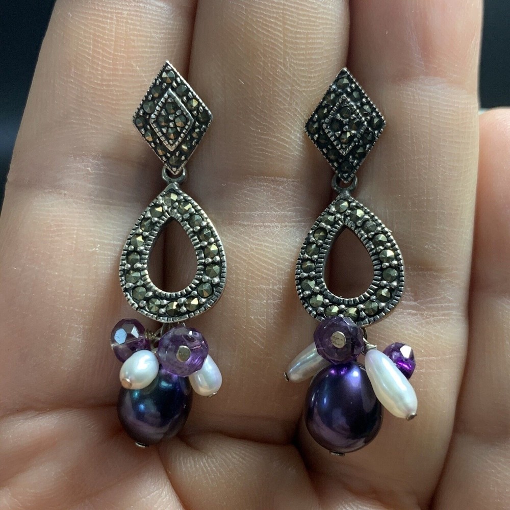 Sterling Silver purple simulated Pearl Teardrop Dangle Earrings 925 victorian